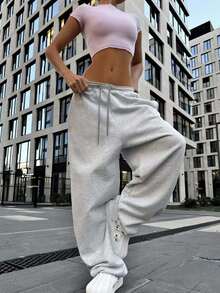 Womenacute;S Spring Summer Baggy Pants Drawstring Waist Loose Wide Leg Trousers With 2 Pockets - Grey - View 3