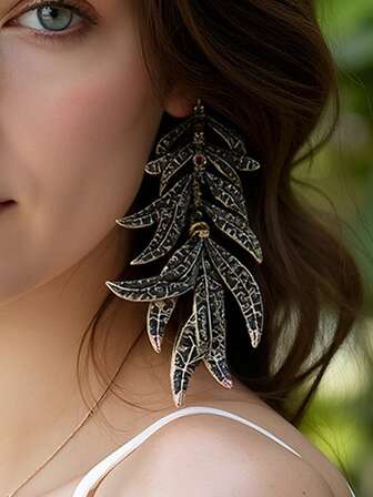 עגילי תכשיטי עלים ZAA, עגילים לנשים בסגנון רטרו בסגנון אירוסין, סגסוגת יוקרתית בהירה ובהירה, יהלום מלא, מוגזם, עלים חלולים, קסם אלגנטי