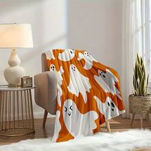 Cozy Halloween Flannel Blanket - Soft & Luxurious, Orange With Playful White Ghosts - Bedroom, Living Room, Or Outdoor Halloween Parties - All-Season Comfort 280gsm Room Decor Home Essentials Decor Bedroom