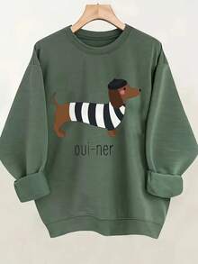Women's White Dachshund In Striped Shirt & Oui Ner Graphic Casual Sweatshirt - Soft Light Beige-Friendly Fabric, All-Season Round Neck Pullover, Machine Washable Funny Dog Lover Apparel For Casual Attire - màu xanh lá - Xem 1
