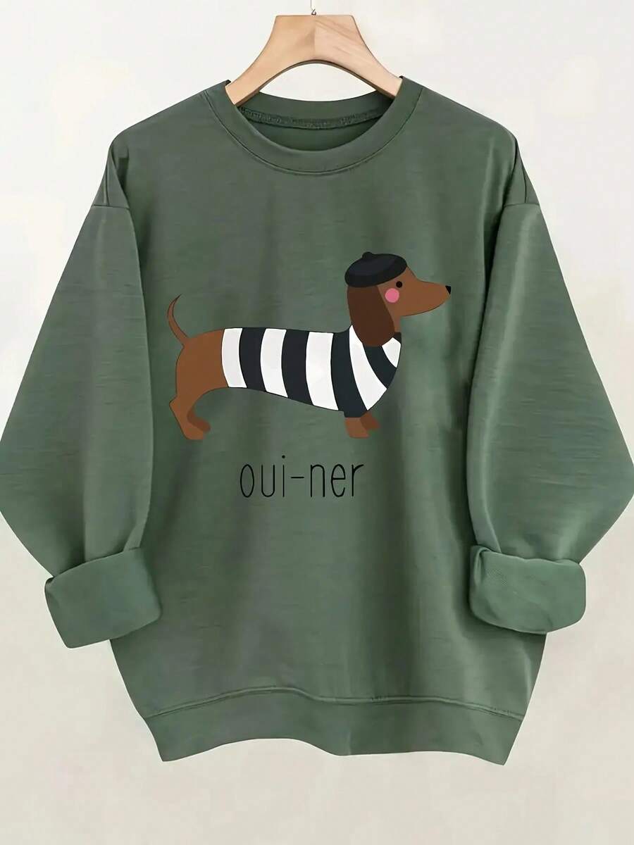 Women's White Dachshund In Striped Shirt & Oui Ner Graphic Casual Sweatshirt - Soft Light Beige-Friendly Fabric, All-Season Round Neck Pullover, Machine Washable Funny Dog Lover Apparel For Casual Attire - màu xanh lá - Xem 1