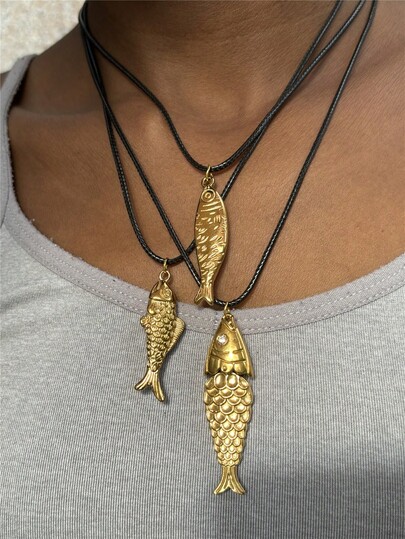 Delicate Fish Pendant Necklace, Stainless Steel Choker Necklace With Black Cord, Elegant Clavicle Chain