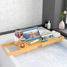 Luxury Bamboo Bathtub Tray Wooden Expandable Caddy With Book Tablet Wine Holder Gift Idea