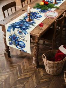 1pc Festive Christmas Table Runner With Blue Bow And Ornaments - Line, Ideal For Kitchen, Dining Room, Party, And Family Gatherings, Holiday Table Decor|Festive Table Setting|Fabric, Christmas Table Decorations - Blue - View 4