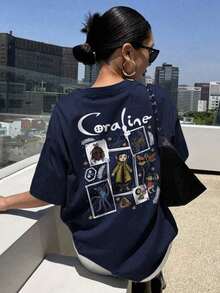 Women's Summer Cartoon And Slogan Graphic Round Neck Short Sleeved T Shirt ,Casual Loose And Versatile Holiday Style Tops,Fashionable Summer Outfits Suitable For Daily Holiday Wear,Halloween Costumes Women,Shalloween Atmosphere,Halloween Caroline And Ghost Graphic-White And Navy Off-The-Shoulder Cropped Top - 藏蓝色 - 查看 1