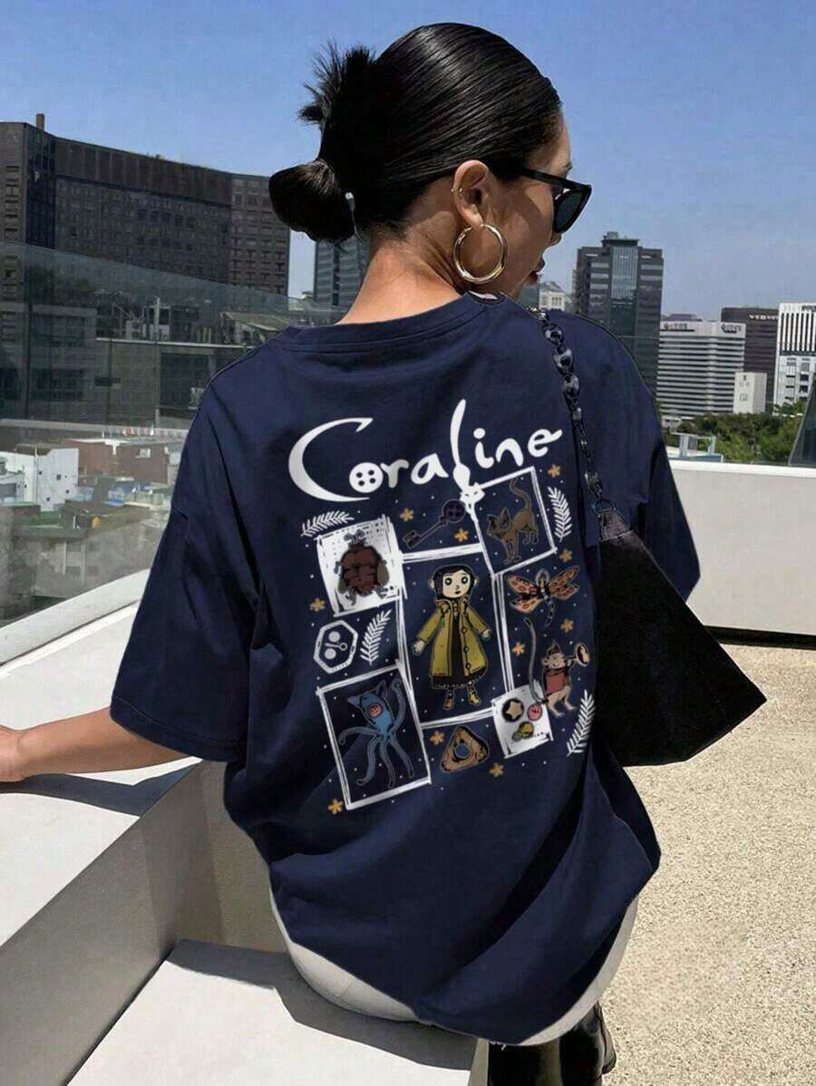 Women's Summer Cartoon And Slogan Graphic Round Neck Short Sleeved T Shirt ,Casual Loose And Versatile Holiday Style Tops,Fashionable Summer Outfits Suitable For Daily Holiday Wear,Halloween Costumes Women,Shalloween Atmosphere,Halloween Caroline And Ghost Graphic-White And Navy Off-The-Shoulder Cropped Top - 藏蓝色 - 查看 1