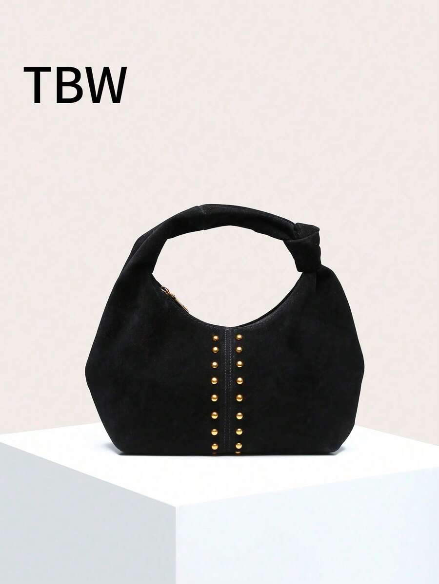 Women's Crescent-Shaped Handbag In Solid Color, Versatile And Fashionable, With Knotted Single Handle, Suitable For Carrying Under The Arm And For Travel. - Black - View 1