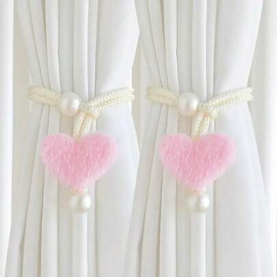 2pcs Pearl Tone 3D Plush Heart Shaped Curtain Tie Backs, Soft Pink And Beige For Mosquito Net, Curtain, Coffee Curtain And Sunshade Decorative Window Accessories