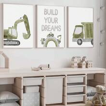 3er-Set Wandkunst mit Fahrzeug-Motiven, Transportthema, Traumwelt-Raumfahrt, Kinderzimmer Wandkunst LKW-Thema, Jungen-Kinderzimmer Dekoration, grüne Kinderraum Kunst, gerahmte Wandkunst für Wohnzimmer, dekorative Kunst, Raumdekoration, Heimdekoration, Wanddekoration, Badezimmerdekoration