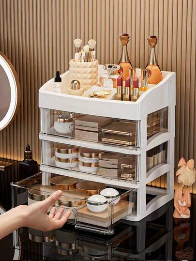 1 pieza Organizador de maquillaje con estilo de cajón, caja de almacenamiento de cosméticos multifuncional para encimera, estantería de cuidado de la piel de varios niveles, caja de almacenamiento de perfumes y lápices labiales, caja de almacenamiento de plástico de gran capacidad a prueba de agua y polvo, caja de almacenamiento de productos de belleza a prueba de agua y polvo