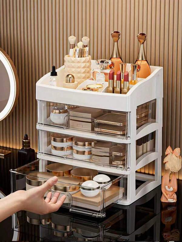 1 pieza Organizador de maquillaje con estilo de cajón, caja de almacenamiento de cosméticos multifuncional para encimera, estantería de cuidado de la piel de varios niveles, caja de almacenamiento de perfumes y lápices labiales, caja de almacenamiento de plástico de gran capacidad a prueba de agua y polvo, caja de almacenamiento de productos de belleza a prueba de agua y polvo