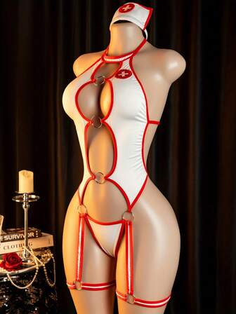 Sexy Lingerie - Cosplay Nurse Uniform Metal Link Hollow Jumpsuit With Hot Open Back Design Crotch One-Piece