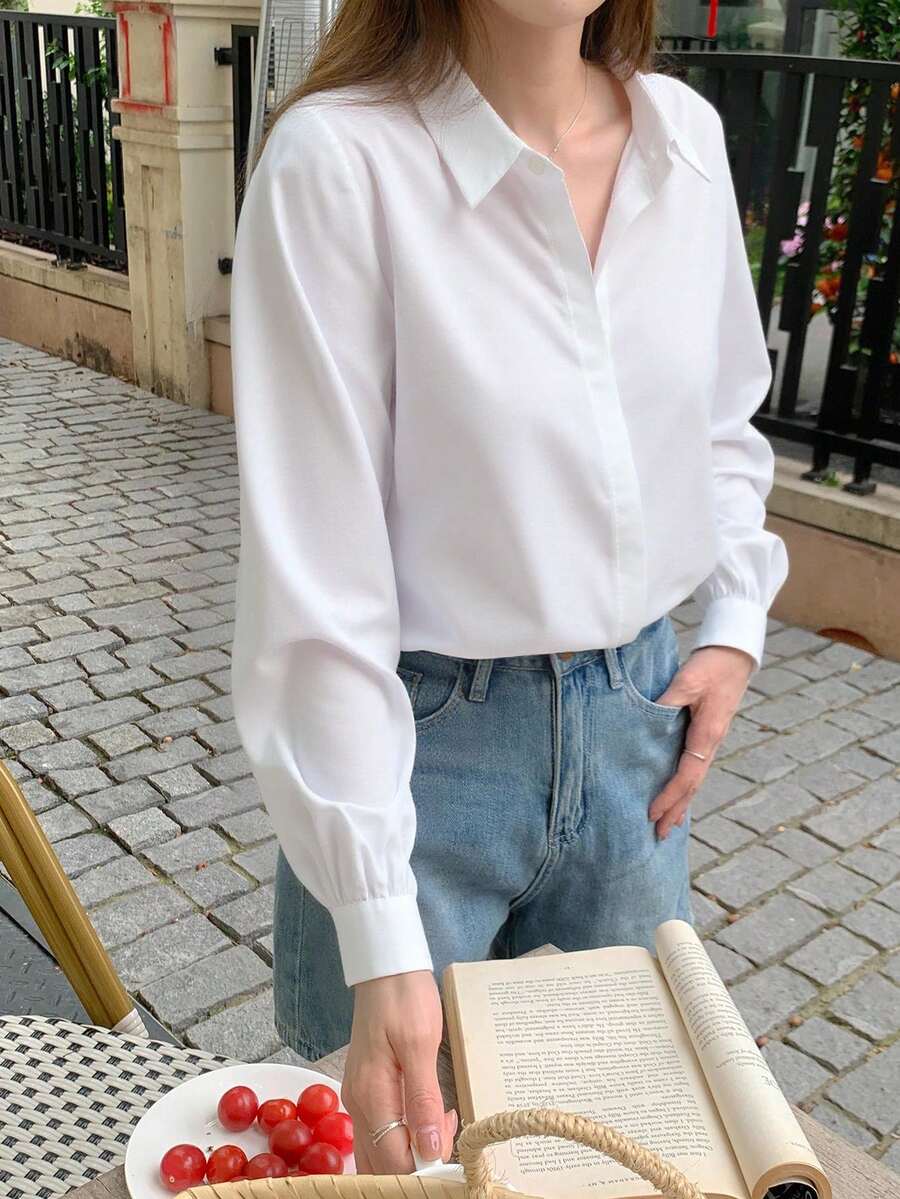 DAZY Solid Hidden Button Front Shirt,Ladies Casual Button Long Sleeve Collar Regular Fit Regular White Regular Sleeve Shirt Women Blouses,Spring/Fall ,Professional/Business Attire/Workwear,Long Sleeve Tops,Back To School Clothes - White - View 1