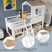 Kinderbett, Halbhohes Bett, Hausbett mit Dach und Fenster, Vierseitiger Zaun, mit kleine Treppe, Freier Stauraum unter dem Bett, Kiefer + MDF + Sperrholz, Weiß+Natur, 90x200cm