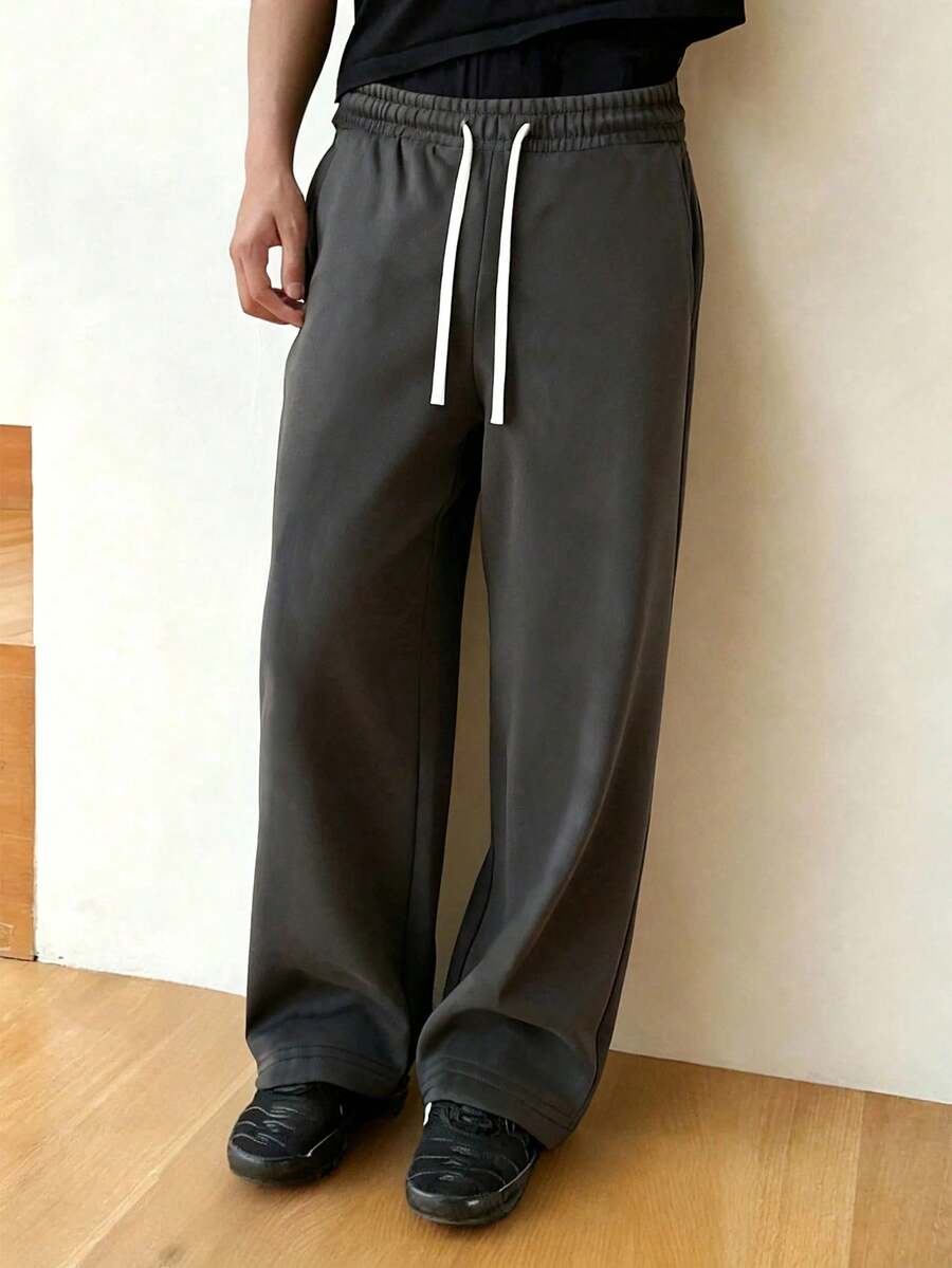 Blueplus Men's Casual Solid Color Elastic Drawstring Sports Pants,Baggy Pants,Joggers For Men,All Season,Men Fall Clothes - Màu xám đen - Xem 1