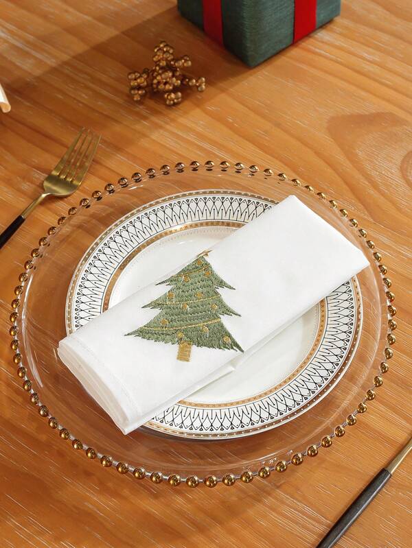 1pc 100% Polyester Embroidered Christmas Tree Napkin, Green & Gold Color, High-End Exquisite Embroidery Craft, Suitable For Home Decor, Kitchen, Dining Table, Desk, Vanity, Living Room, Bedroom, Yard, Indoor & Outdoor, Camping, Villa, Holiday Gathering, Cabinet, Family Gathering, Restaurant, Party, Wedding Decorations
