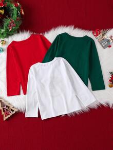 3 pezzi Set di magliette a maniche lunghe con collo rotondo, cappello di Babbo Natale, albero di Natale stampati, look natalizio casual e carino per bambini di età 3-7 anni