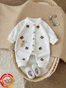 Newborn Baby Girl Thick Jumpsuit Romper With Bear Embroidery, Casual Winter Outfit - White - View 2