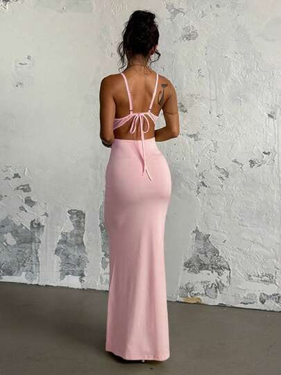 1 pieza Vestido de punto de unicolor y elegante con cremallera en la espalda, adecuado para fiestas, bodas y todas las estaciones