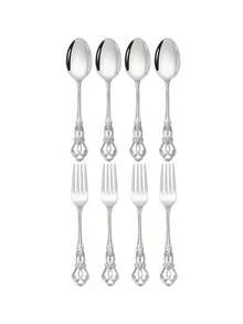 4/8/16pcs Vintage Palace Style Dessert Spoon & Fork Set, High Quality Stainless Steel Oatmeal Spoon, Coffee Spoon, Yogurt Spoon, Salad Fork, Elegant Silverware Suitable For Home, Kitchen, Restaurant, Cafe, Party, Dishwasher , Mirror Polished