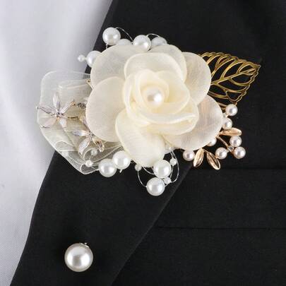 1pc Ivory Groom Groomsman Wedding Faux Pearl & Gold Leaf Boutonniere, Bridal Bridesmaid Guest Parent Church Veil Faux Rose Corsage, Wedding Reception Engagement Brooch Accessory Valentine's Day Accessories