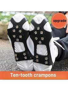 1 Pair 10-Teeth Ice Cleats, Manganese Steel Spikes + Rubber TPE Strap, Outdoor Traction Crampons For Hiking, Traveling, Fishing, Snow, Anti-Slip Shoe Covers, Winter Outdoor Shoe Spikes, Winter Shoe Sole Grips