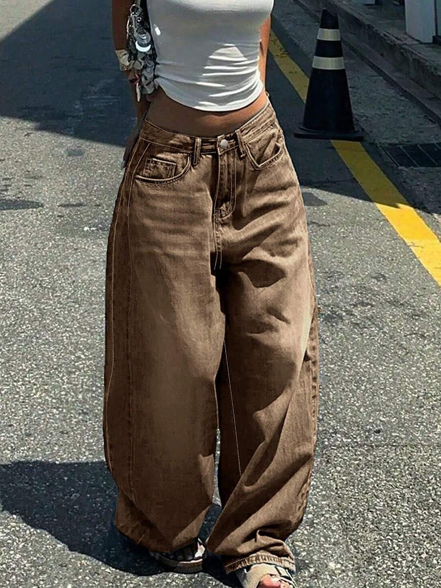 Women's Casual Everyday Commute Versatile American Street Style Jeans - Brown - View 1