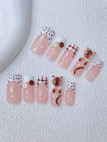 10 件 Y2K Nails 管状按压指甲套装 - 手工制作，粉色指甲、棕色指甲、白色法式尖头指甲、手工制作的 3D 猫咪和 3D 纽扣、手绘波尔卡圆点和条纹设计、闪亮可爱指甲 - 适合女士和女孩，派对、婚礼、日常佩戴、DIY 美甲，美甲套装，包含工具包。方形指甲。手工亚克力方形按压指甲。哥特式指甲。美甲用品猫咪指甲。（猫咪为手工制作，每只可能看起来不同） - 彩色 - 查看 12