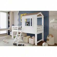 Kinderbett, Halbhohes Bett, Hausbett mit Dach und Fenster, Vierseitiger Zaun, mit kleine Treppe, Freier Stauraum unter dem Bett, Kiefer + MDF + Sperrholz, Weiß+Natur, 90x200cm