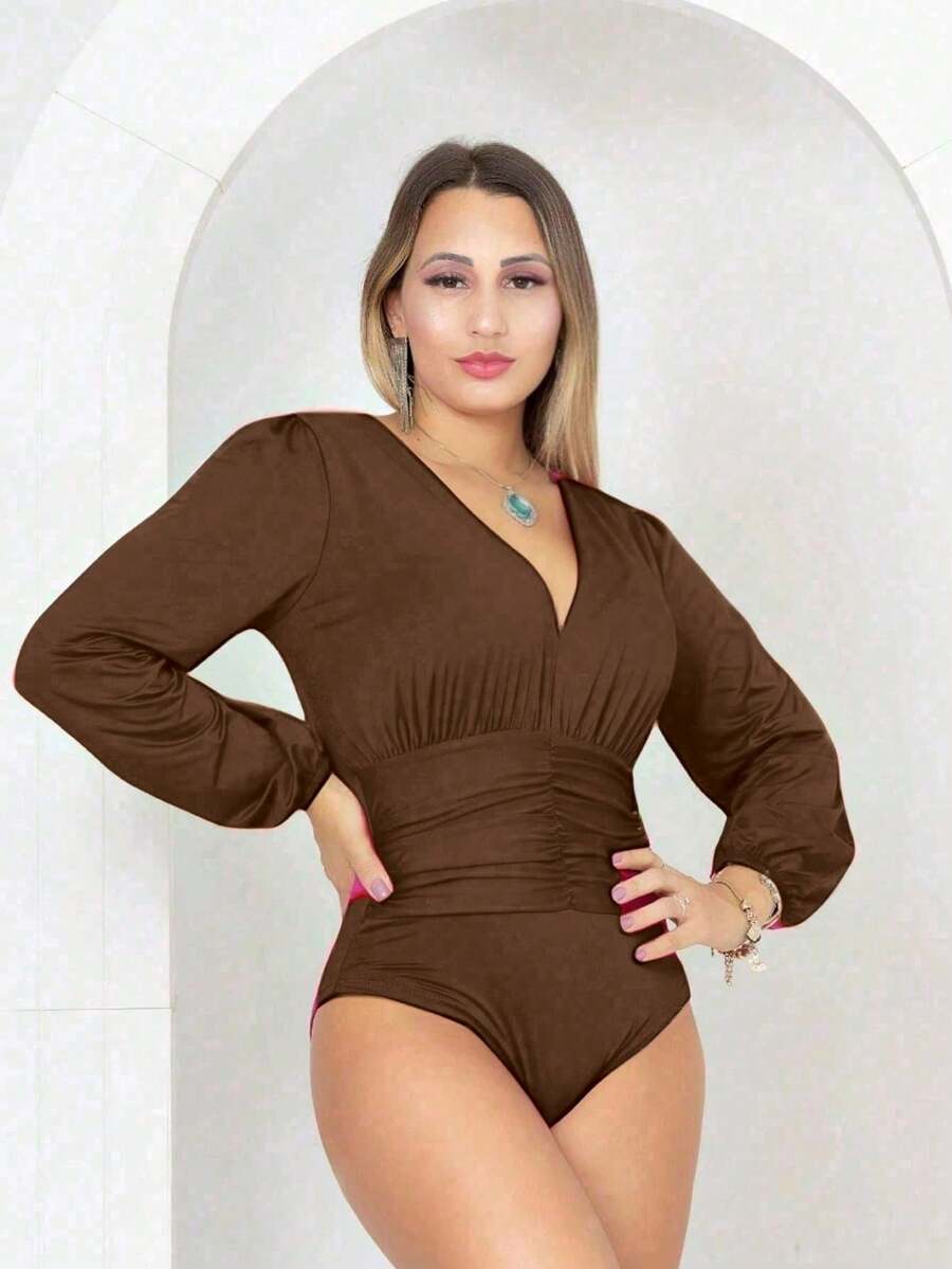 Long Sleeve Bodysuit With Abdomen Detail - Rust Brown - View 1
