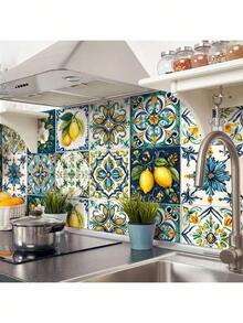10x10cm Waterproof PVC Self-Adhesive Wall Stickers With Vibrant Blue, Yellow, Green And White Lemon And Floral Patterns, Suitable For Bathroom, Kitchen And Toilet, Easy To Remove, No Power Required, Bathroom Wall Decor, Kitchen Decoration, Vivid Design, Oil-Resistant Material - Multicolor - View 8