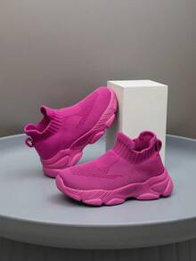 1 par de zapatillas para niños, transpirables, elásticas, suaves, con amortiguación de impactos, de secado rápido y ligeras, combinación y tejido de punto, estilo casual de calle adecuado para correr, caminar, ir a la escuela, unisex