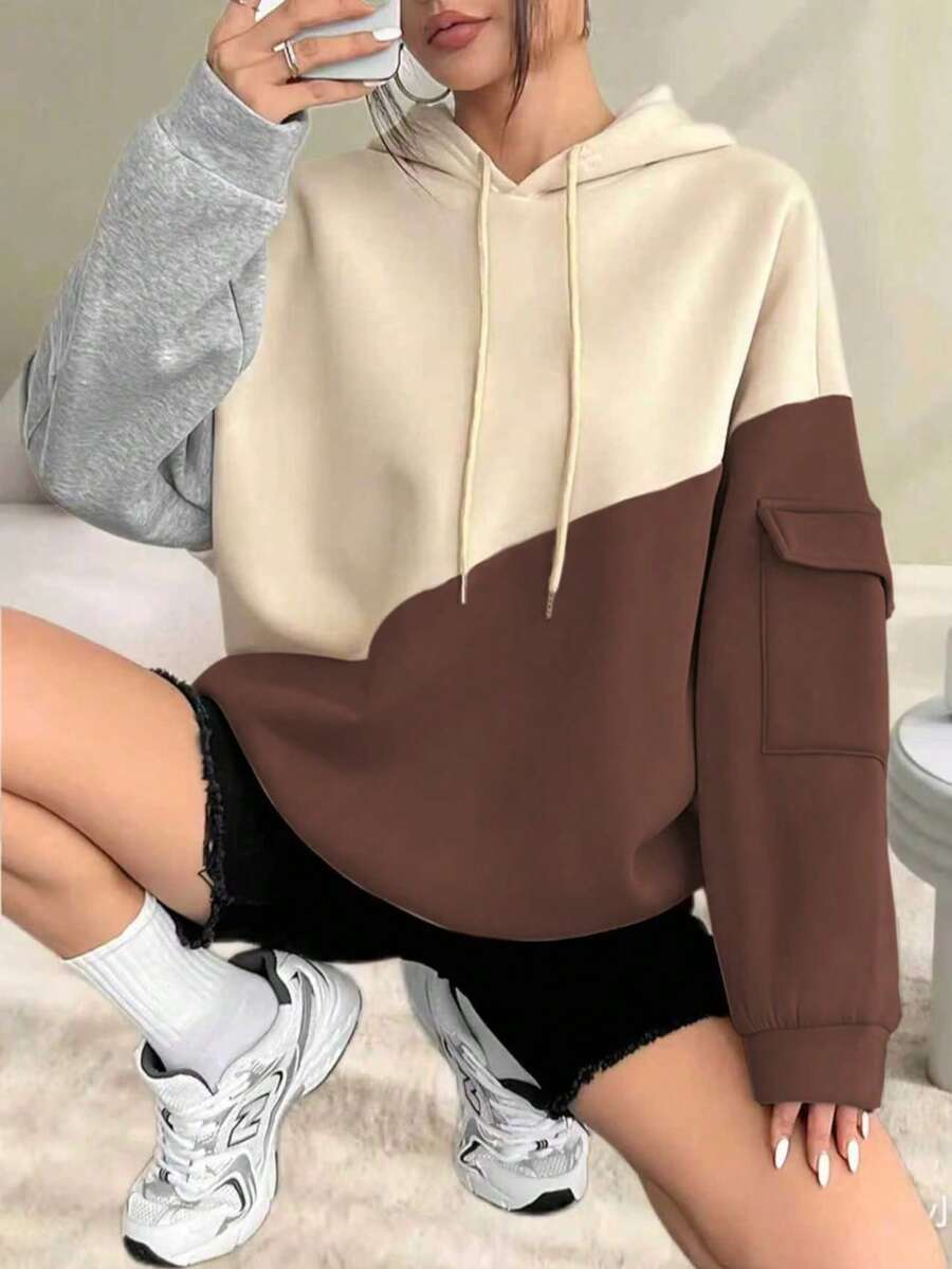 Plus Size Relaxed Fit Fashion Color Block Sweatshirt With Pockets And Drawstring