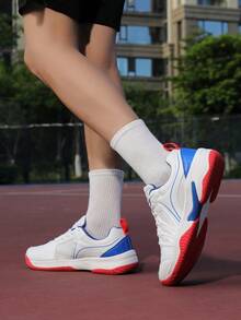 Nuevos zapatos de bádminton con cordones, zapatos deportivos de patchwork para correr, zapatillas deportivas de estilo universitario para todas las estaciones - Azul y blanco - Ver 2