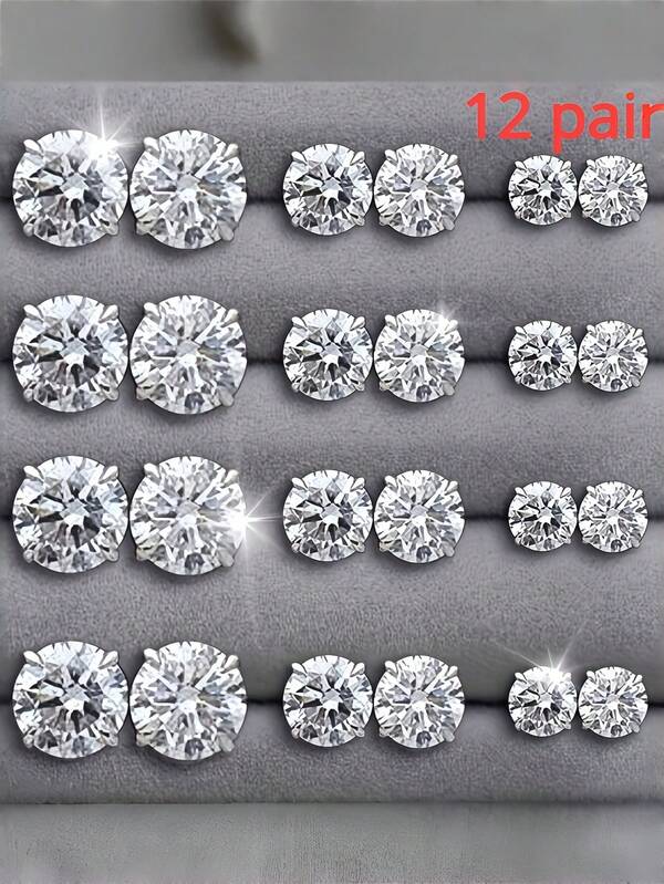12pcs/Set Stainless Steel Stud Earrings, Simple And Elegant Earring Set, Suitable For Parties And Daily Wear (Random Style)