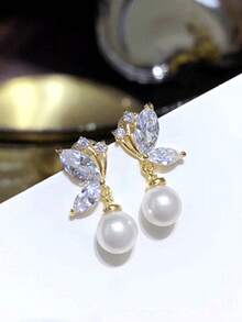 1 Pair Cubic Zirconia & Faux Pearl Stud Earrings, Fashionable For Teenage Girls, Suitable For Daily Wear, Party Jewelry Or Birthday Gift