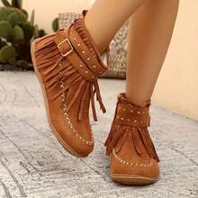 Fashion Tassel Boots, Stylish Tassel Women's Ankle Boots Short Boots, Rivet Decoration, Round Toe And Flat Heel, Suitable For Casual Or Formal Occasions - 棕色 - 查看 3
