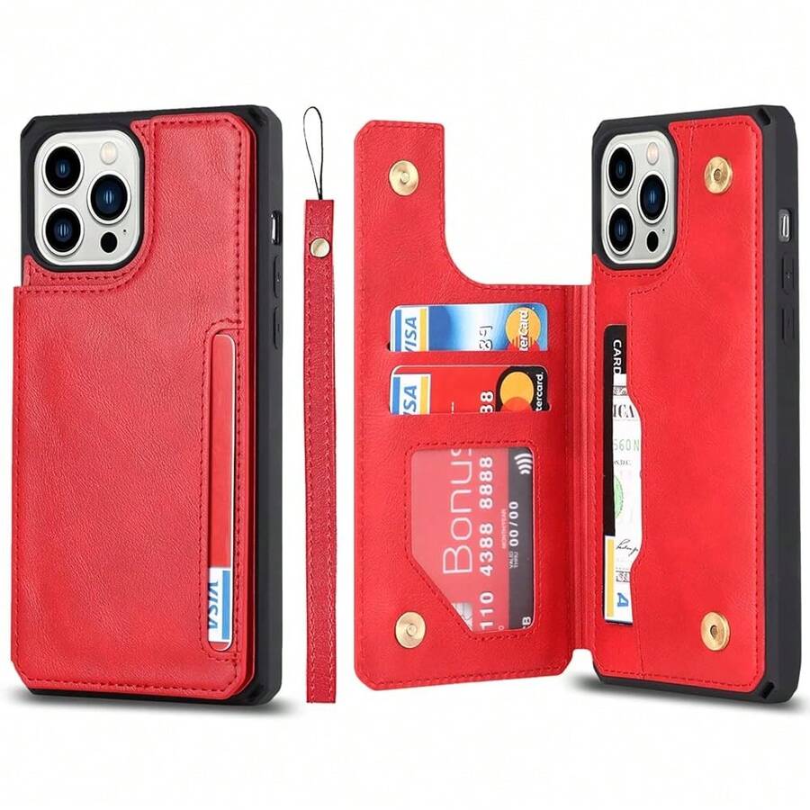 Compatible With IPhone 13 Pro Max Case With Card Holder, Wallet Phone Case For Women Men, Stand And Strap,Leather Shockproof Protective Cover- Red{"Color_name":"A-Red"} - 多色25 - View 1