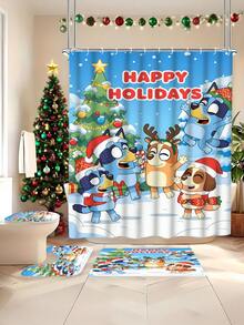 [Christmas Bluey Bathroom Curtain Shower Set] 1/3/4 Pcs Christmas Solid Color Santa Hat Bluey Family And Friends Holiday Pattern Printed Shower Curtain Set, Modern Design, Suitable For All Seasons, Waterproof Polyester Hooks And Lining, Flannel Material, Soft Surface, Bathroom Anti-Slip Mat, Bathroom Set Includes U-Shaped Mat, Toilet Mat, Anti-Slip Bathroom Mat And Bathroom Accessories, Home Decor, Holiday Decor, Christmas Gift, Daily Decor, Gift]
