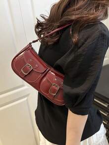 复古百搭皮革装饰拉链吊带腋下法棍包，新款纯色PU皮革女士小手提包 - 紅色 - 查看 3