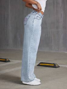 Teen Girls Loose Fit Butterfly Print Denim Wide Leg Pants