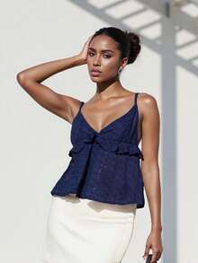 Women V Neck Camisole Hollowed Flower Spaghetti Strap Backless Ruffle Tops Summer Streetwear - 藏蓝色 - 查看 9