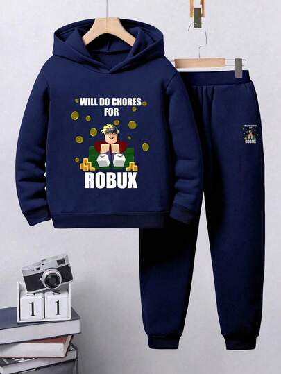 2pcs/Set Boys Casual Printed Hoodie And Sweatpants Set, Autumn/Winter, Warm Thermal Lined Pullover Hoodie And Pants Outfit For Teenage Students, Colorful And Imaginative Design