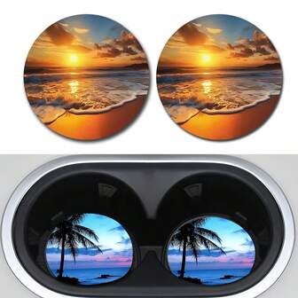 2 Pieces Set Of Coconut Tree Beach Sunset Patterned Car Coasters For Cup Holders, 2.8-Inch Round Decorative Car Coasters, Stylish Cup Holder Accessories To Keep Your Car Cup Holder Clean And Dry, Suitable For Home Coasters And Car Water Cup Coasters, Suitable For Holidays And Birthday Gifts