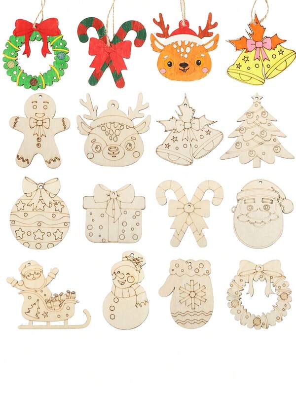 12/24pcs/Sets Of Christmas Wood Board Ornaments, DIY Decorative Wood Pieces, Wooden Ornaments, Home Decor Wood Pieces, Perfect For Christmas, Halloween, And Thanksgiving Gift Hangings, Perfect For Holiday Decorations.