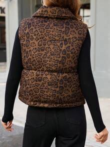 女式高领豹纹绗缝背心，带抽绳口袋，无袖前拉链背心，适合冬季穿着，百搭猎豹印花 - 豹紋 - 查看 3