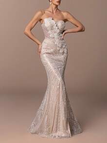 女士奢华无肩带美人鱼晚礼服 - 饰以花卉和串珠点缀，鱼尾廓形，高开衩设计，闪亮亮片装饰 - 完美适用于婚礼、盛大晚宴、红毯活动和正式派对 - 香檳色 - 查看 5