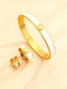 1 Set/4pcs New Fashion Roman Numeral Bangle Bracelet, Stainless Steel Resin Bracelet, Ring, Earrings, Gold Jewelry Gift Set For Relatives And Friends