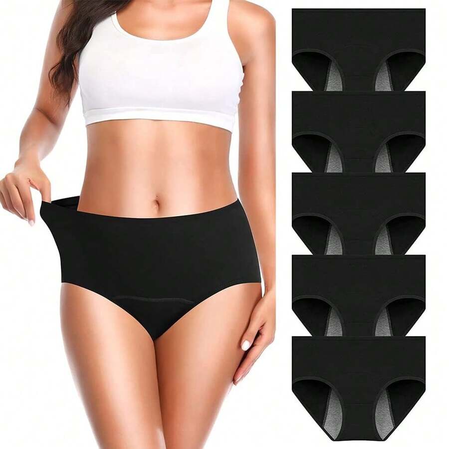 Paquete de 5 Calzones Menstruales de Algodó 95% para Flujo Abundante, Talle Alto - Ideal para Periodo y Postparto Cesárea - Negro - Ver 1