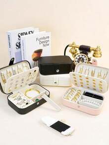 1 pieza Caja de almacenamiento de joyas de doble capa de cuero PU de gran capacidad, caja organizadora de joyas con cierre a presión, caja de joyas minimalista para el hogar, caja de exhibición de joyas portátil, estuche de almacenamiento de joyas de varios compartimentos - Multicolor - Ver 8